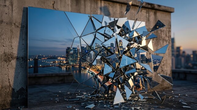 A shattered mirror reflects a cityscape at twilight. The broken mirror pieces create a fragmented view of New York City, with the skyline visible through the gaps.