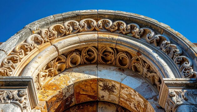 Intricate Romanesque stone arch tympanum with carved biblical motifs in heritage architecture detail