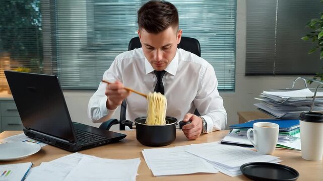 オフィスデスクで麺を食べる男性は,B2Bマーケティングや企業プレゼンテーションに最適です。
