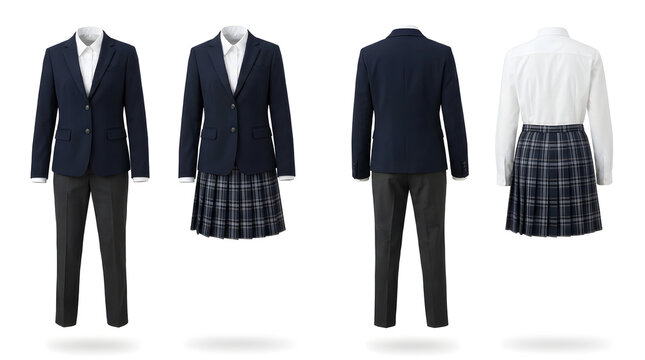 Clean and professional school uniform set for students, showcasing front and back views of blazers, shirts, skirts, and trousers