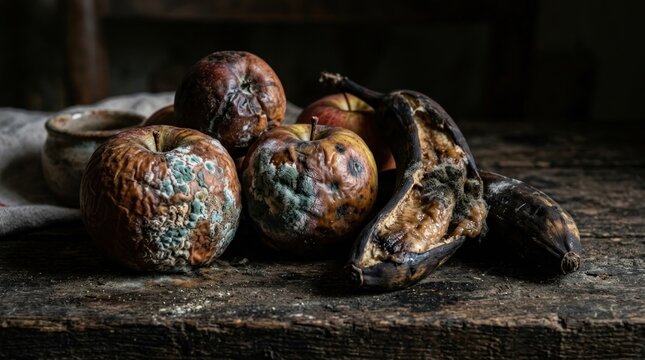 A dark still life composition features a cluster of decaying apples and overripe bananas resting on a weathered wooden table.