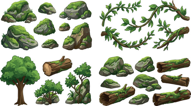Forest Nature Element Collection Featuring Mossy Rocks Wooden Logs Trees and Leaf Vine Frames in Cartoon Vector Illustration Style