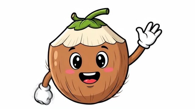 Cheerful Cartoon Coconut Character Waving Hello with a Friendly Smile.