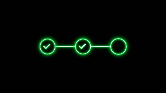 Neon 3 step infographic process with check mark icon. infographic step by step process icon animation on black background, step process success with check marks.