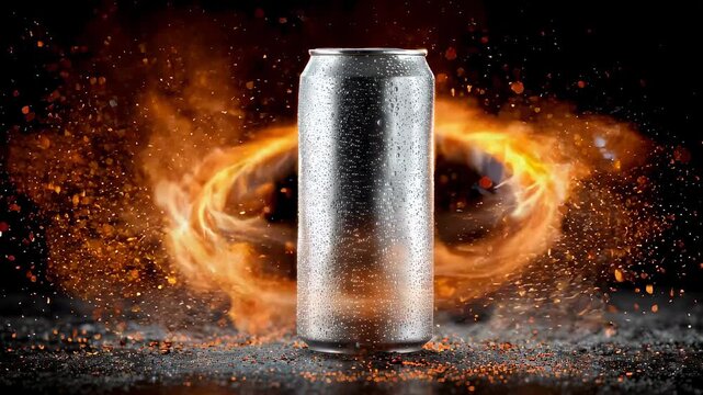 Metal can surrounded by circular fire ring on dark surface. Beverage container mockup with hot flame effect for commercial advertising of energy or soda drink.