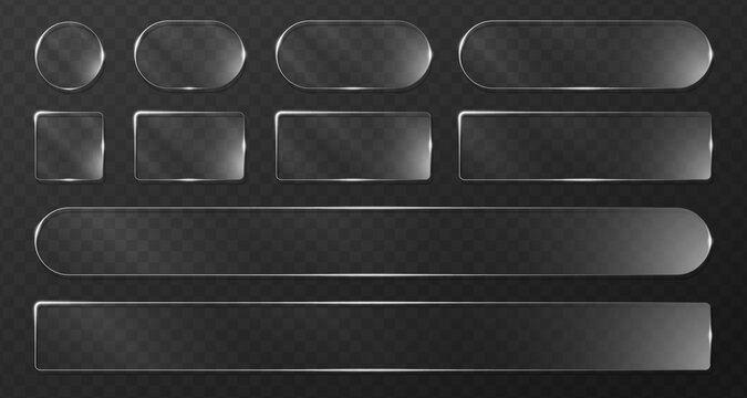 Black white glassmorphism panel. 3D transparent glass frame rectangle button UI elements digital screen gradient background. Futuristic HUD mobile app interface banner glossy glow graphic vector.