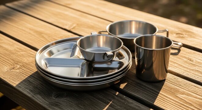 Stainless Steel Mess Kit Set Displayed on Wooden Table Outdoors