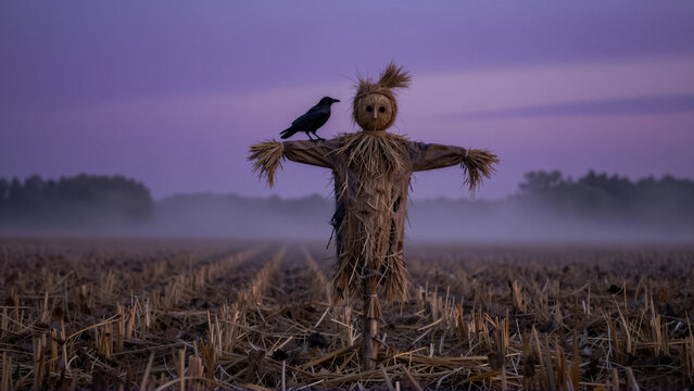 A striking scarecrow with a crow perched on its arm stands alone in a misty harvested field at dusk. The eerie purple sky creates a dramatic Halloween and autumn atmosphere