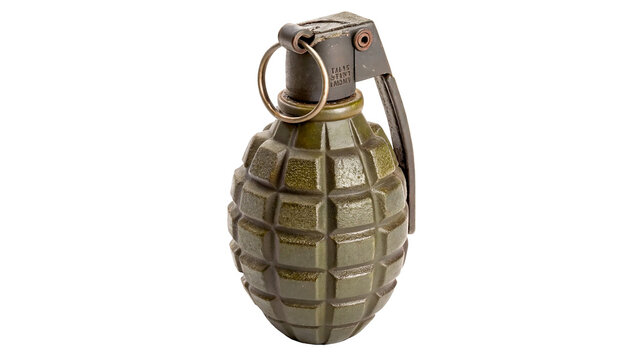 An authentic military fragmentation hand grenade weapon made of textured olive steel isolated on transparent background