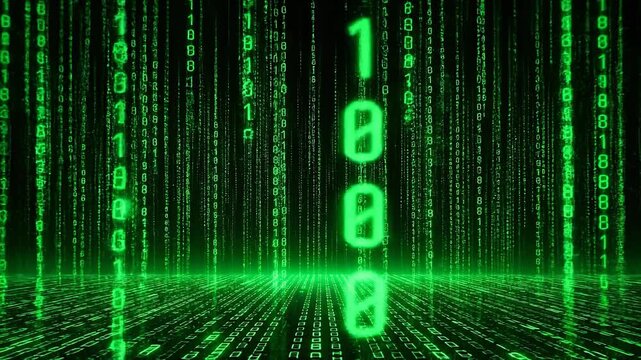 Abstract digital rain of green binary code cascading down a futuristic grid