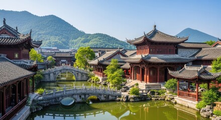 Obraz premium Beautiful Traditional Chinese Temple with Bridge and Pond in Scenic Landscape.