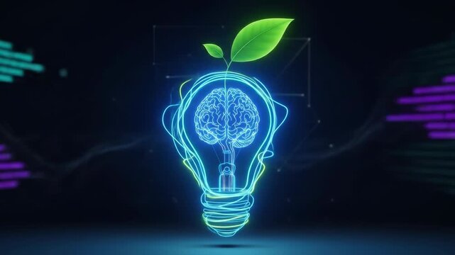 Glowing Brain in Lightbulb with Growing Leaves Symbolizing Innovation and Eco-Friendly Ideas.