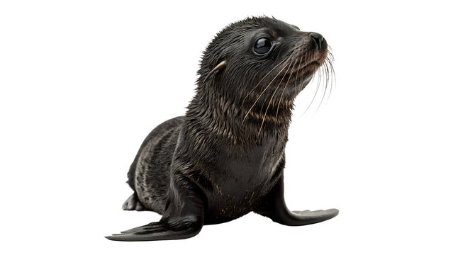 A cute wild little young fur seal pup animal sitting side view profile isolated on transparent background