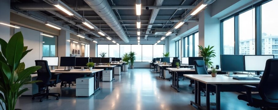 Modern office interior with bright, energy-efficient LED lighting fixtures installed in the ceiling, providing ample illumination for workspace productivity , lighting design, clean design