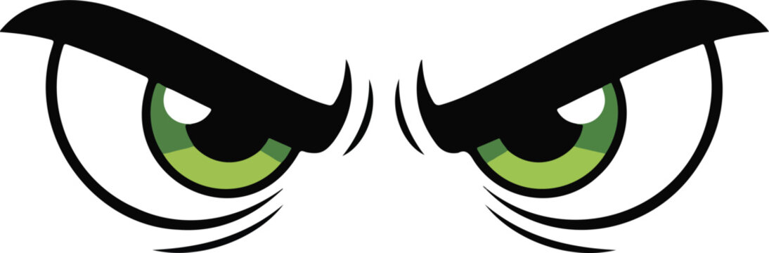 Angry cartoon eyes vector illustration featuring intense furrowed eyebrows and green irises looking forward on a white background