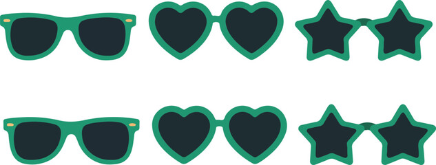 Green fashion sunglasses vector illustration collection featuring classic heart and star shaped frames for summer party design themes © DIPU