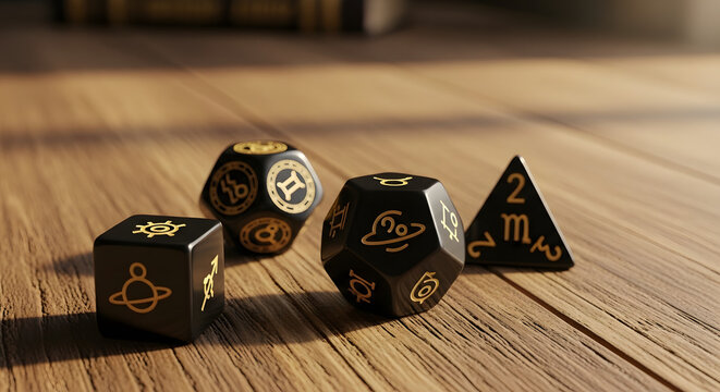 Collection of polyhedral dice with astrological symbols rests on a wooden surface, casting shadows from overhead light. This imagery evokes themes of fate, chance, and cosmic destiny,