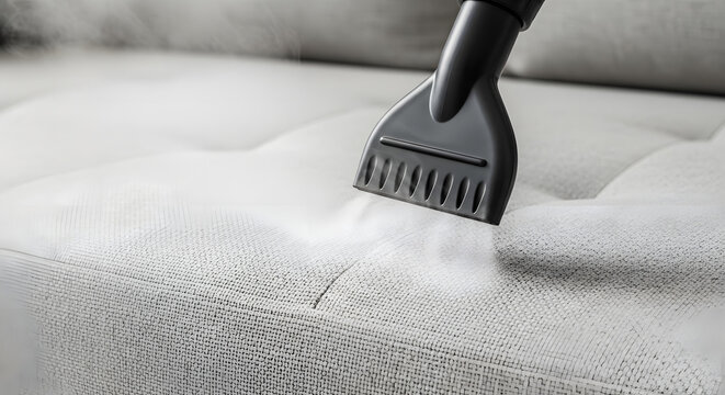 Steam cleaner nozzle deep cleans textured fabric sofa surface, removing dirt and stains for a hygienic home environment. Concept of household chores and professional cleaning services.