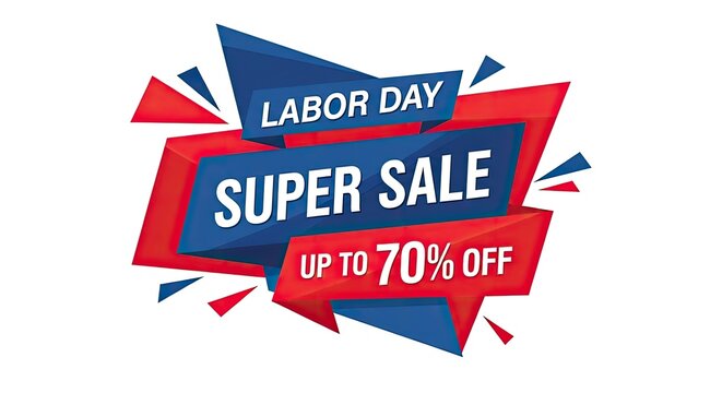 Labor Day Super Sale badge with seventy percent off discount text in red and blue geometric shapes