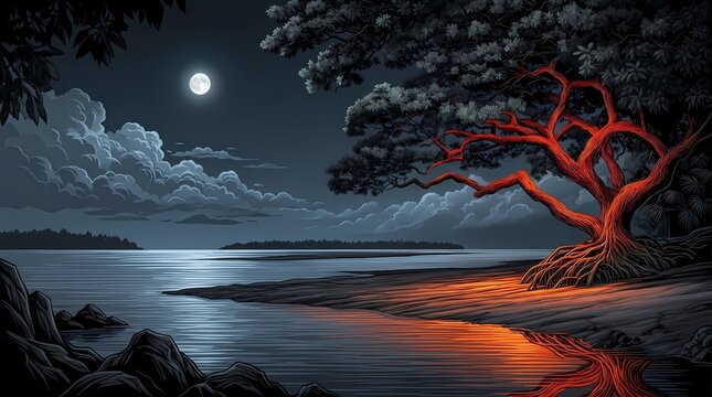 A serene cinematic coastal landscape at night featuring a large gnarly tree illuminated by warm orange light under a glowing bright full moon