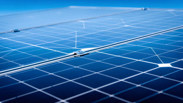 Close up geometric pattern of modern blue solar panel grid with clean sky reflection for renewable energy
