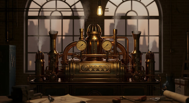 Ornate steampunk machine with gauges and pipes emits steam, set in a workshop with large windows overlooking a city skyline. This industrial scene evokes themes of invention, manufacturing,
