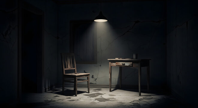 Empty interrogation room with single chair and table under spotlight. Concept of mystery, investigation, or isolation.