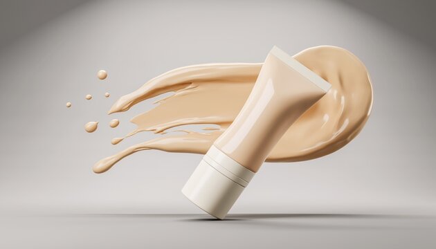 Cosmetic fluid dispenses dynamically from a soft tube against a subtle background