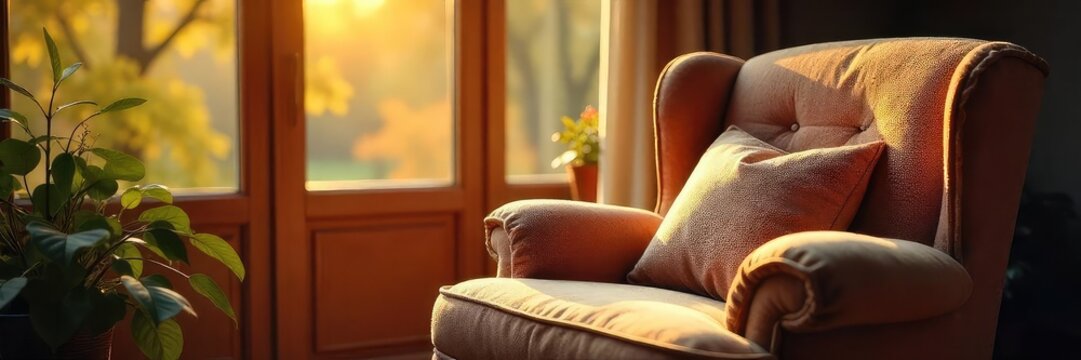 A plush, comfy armchair bathed in warm sunlight, inviting relaxation and ultimate contentment Perfect for cozy autumn days or a quiet evening read , contentment, golden hour, sunlight