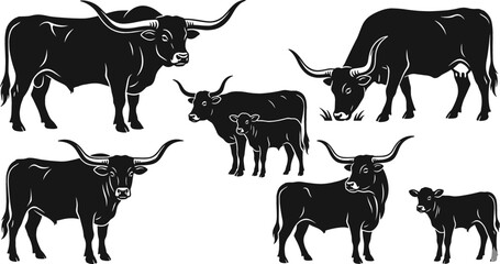 Texas Longhorn Cattle Silhouette Vector Icon Set Featuring Bulls Cows and Calves for Western Ranch Farm Lifestyle and Southern Wildlife Graphic Designs © MdMunzurul