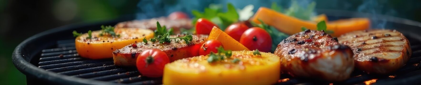 Close-up of sizzling vegetables and seasoned meats grilling on a charcoal grill, natural wood and smoke visible A healthy, delicious summer meal preparation , steak, natural, texture