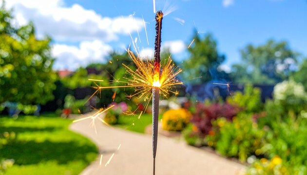 Sparkler lighting up with bright sparks in a sunny summer garden setting