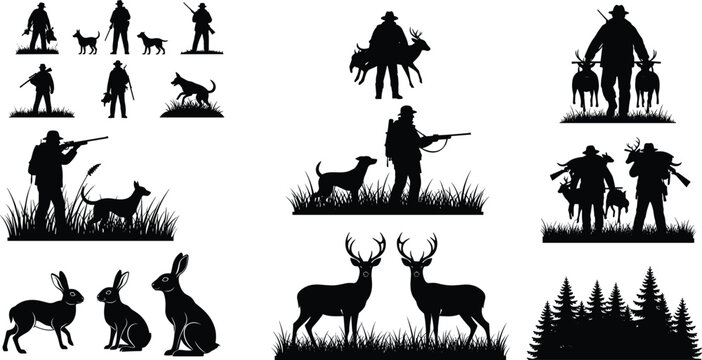 Hunter and Wildlife Silhouette Collection with Deer Rabbits Hunting Dogs Forest Trees and Outdoor Adventure Scenes