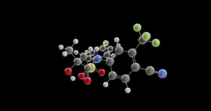Bicalutamide molecule, rotating 3D model of antineoplastic agents, looped video on a black background
