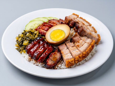 Authentic Nasi Campur Babi, Indonesian Chinese mixed rice with roasted pork belly and char siu.