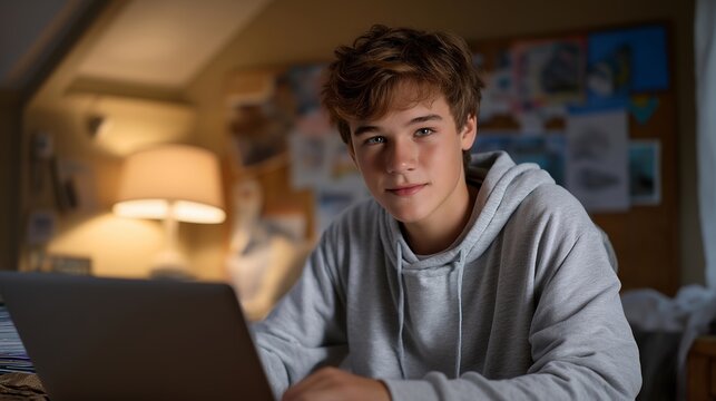 Teen boy in a modest home bedroom uses a personalized AI education platform that adjusts quiz difficulty in real time, expression shifting from frustrated to confident, warm indoor desk lamp,
