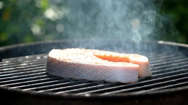 Fresh salmon steak grilling on a hot metal barbecue grate with rising white smoke in a cinematic 4k video clip showing slow motion cooking process