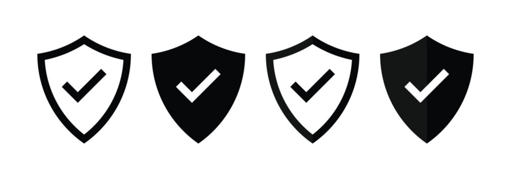 shield icons with checkmark security icons. privacy protection and safe access approval. security icon with tick symbol. safety and security sign.  positive performance assurance guarantee security 
