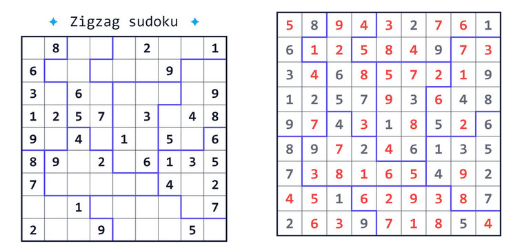 Zigzag sudoku puzzle and solution for brain training, irregular jigsaw logic grid game for educational activity books and mental health apps