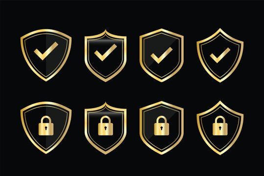Golden Shield with check mark and lock icons  on black background. Security Guarantee and Verified Protection. premium golden security shield badge design 


