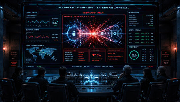 Six cryptographers monitoring a large holographic quantum key distribution and encryption dashboard in a fortified futuristic security bunker
