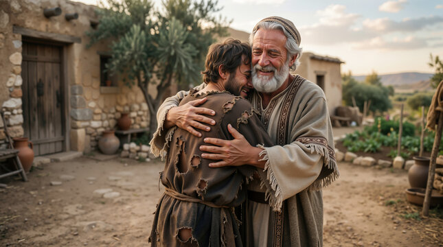 The prodigal son returning home. An elderly father embracing his repentant son in a biblical setting. Concept of forgiveness and reconciliation