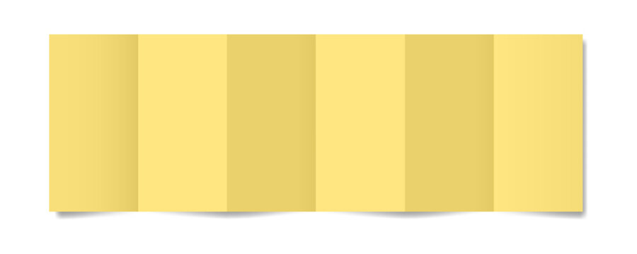 Six panel accordion fold. Yellow folded paper sheet. Gate fold. Vertical pages. Blank booklet	