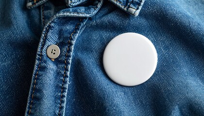 White button badge pinned on denim shirt, top view. Mockup for design