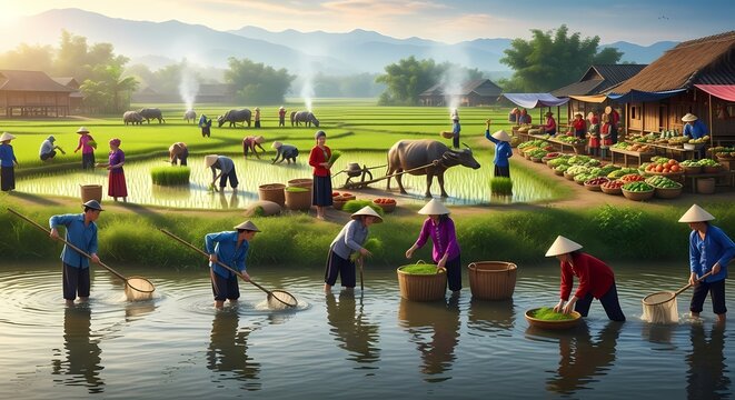 Farmers working in rice paddy fields near a village with mountains in the background