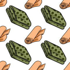 Seamless vector pattern of rolled fabric swatches in green with dark polka dots and plain peach colors © Khrystyna Turchyn