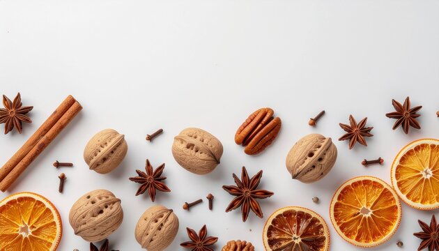 Winter spices and baking ingredients bottom border flat lay. Dried orange slices, walnuts, cinnamon sticks, and star anise on white background with copy space.