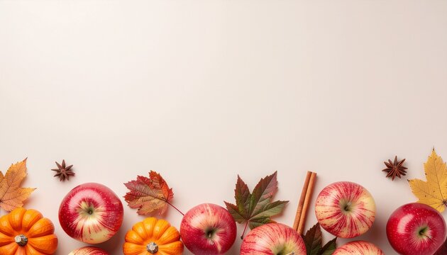 Top View Flat Lay Bottom Border of Fresh Red Apples, Mini Orange Pumpkins, Cinnamon Sticks, Star Anise, and Autumn Leaves on a Light Cream Background with Large Copy Space