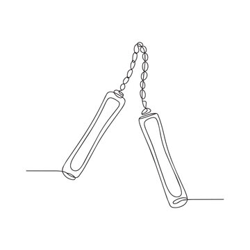Minimalist continuous line drawing of nunchaku weapon isolated on transparent background.