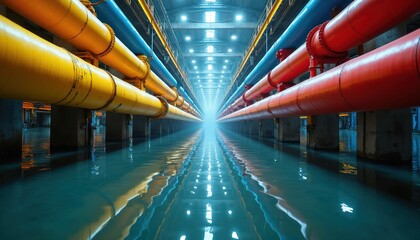 Obraz premium Rows of industrial pipes in factory with water flooding floor. Bright lights shine down on plumbing and metal tubes. Reflective surface shows long corridor illusion.